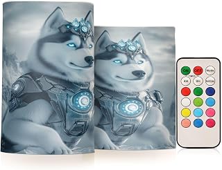 Gray White Wolf Wearing Armor Flameless Candles Battery Operated Color Changing LED Candles with Remote Control Timer Outdoor Indoor 2 Pack