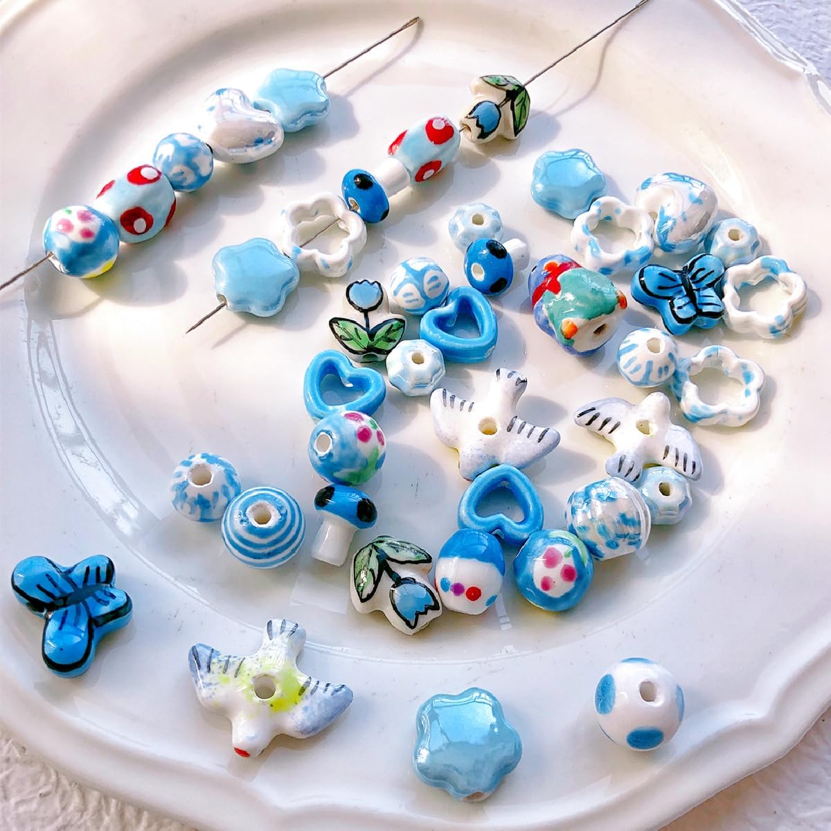 Decoendiy 50pcs Ceramic Flower & Animal Shaped Beads, Heart Star Shapes, Handmade Porcelain Painted, Loose Spacer Beads for Jewelry Making DIY Crafts - Image 2