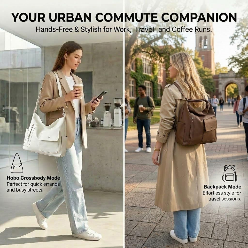 3-in-1 Convertible Backpack & Hobo Bag, PU-Coated Waterproof Nylon Y2K Purse, Fits 13" Laptop for Women, Travel Work