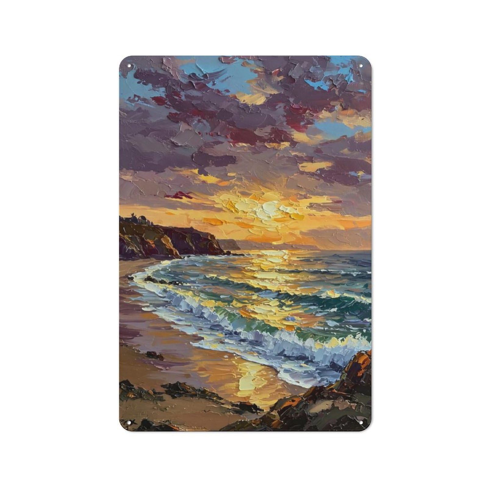 Junmoney Impressionistic Seascape Painting At Sunset Tin Wall Plaque With Design 30X20cm, Country Vintage Cottage Wall Art For Kitchen, Cottage, Porch Or Garden Room
