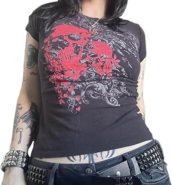 Women Y2K Graphic T-Shirts Punk Gothic Grunge Emo Top Short Sleeve Vintage 00s Aesthetic Clothes Baby Tees