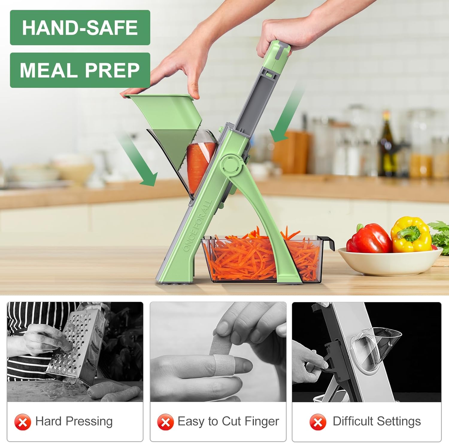 [All in 1] Upgraded Version Safe Mandoline Slicer for Kitchen, Adjustable Thickness. Detachable Blade, Veggie Slicer, Rapid Prep Mandoline, with Cleaning Brush/Paring Knife (MatchaGreen)