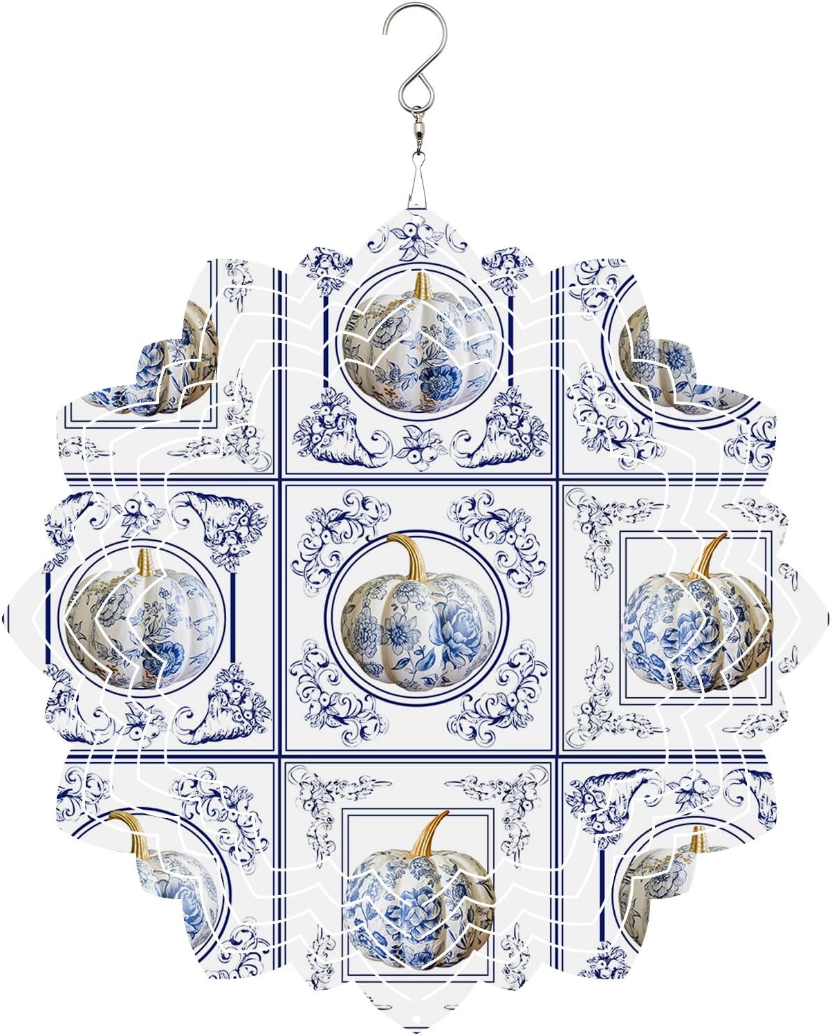 Fall Pumpkins Wind Spinner 3D Stainless Steel, 12 in Lotus Shape Double Sided Circle Hanging Wind Spinners, Thanksgiving Blue White Floral Garden Art Wind Sculpture for Yard Porch Front Door