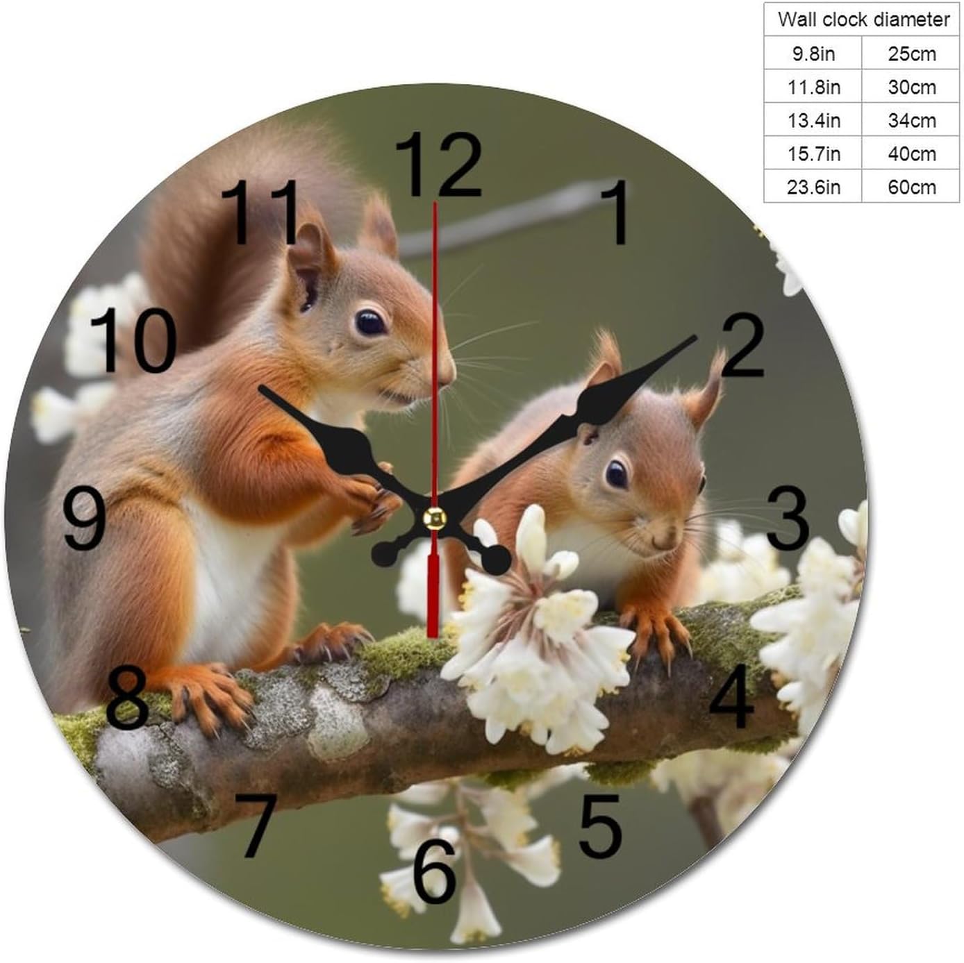 12 Inch Wall Clock Squirrels Battery Operated Wall Clocks Silent Non-Ticking Round Wall Clock for Living Room Kitchen Home Office Wall Decorative Clock