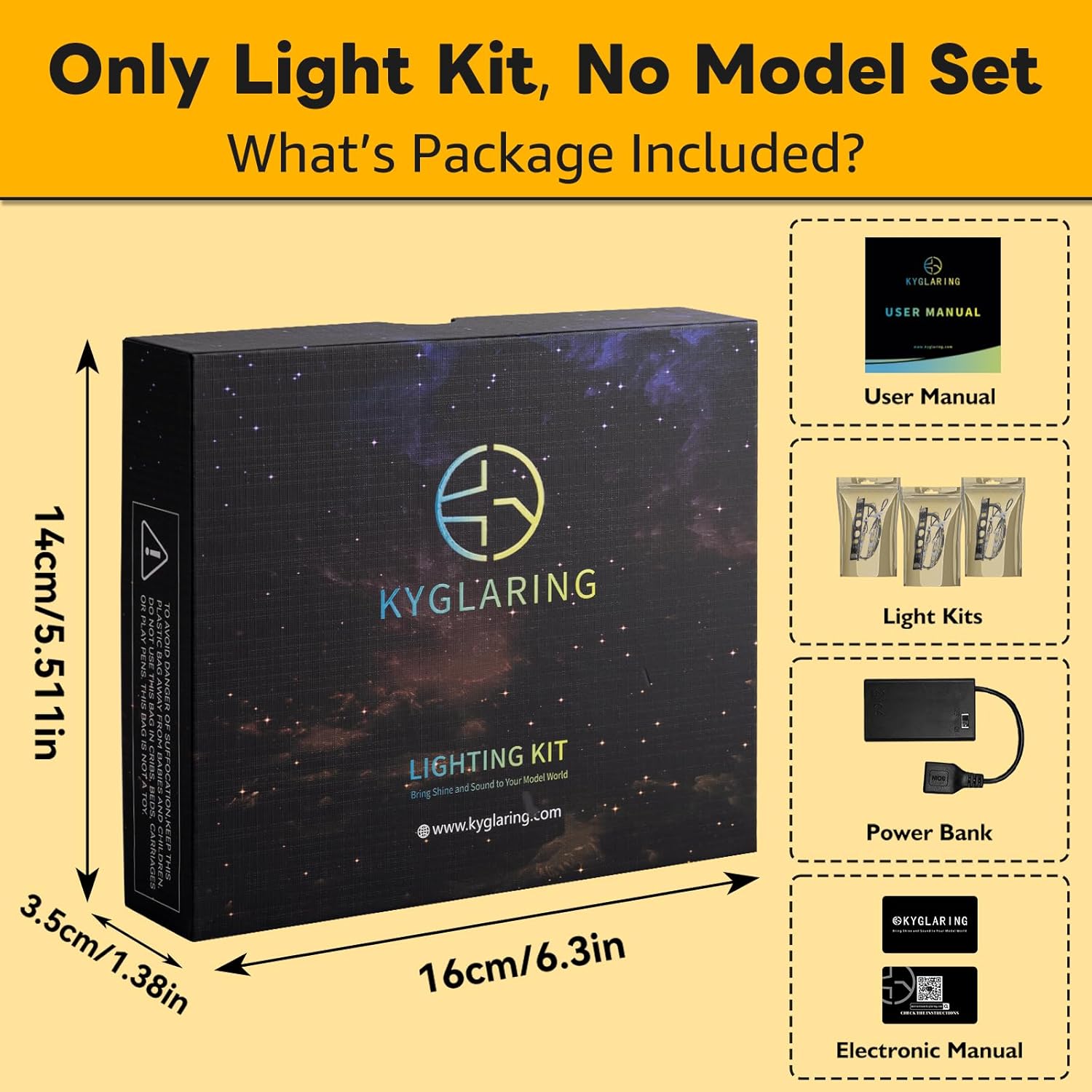 Kyglaring LED Light Kit package contents, showing a box, light kits, user manual, power bank, and electronic manual card.