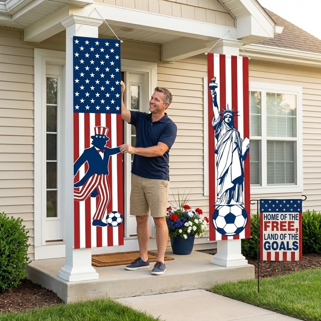 4th of July Decor Soccer Theme Porch Banners & Patriotic Garden Flags Set - Uncle Sam & Liberty American Flag Decor, Patriotic Decorations for Independence Day Outdoor Yard Sign (3 Pack)