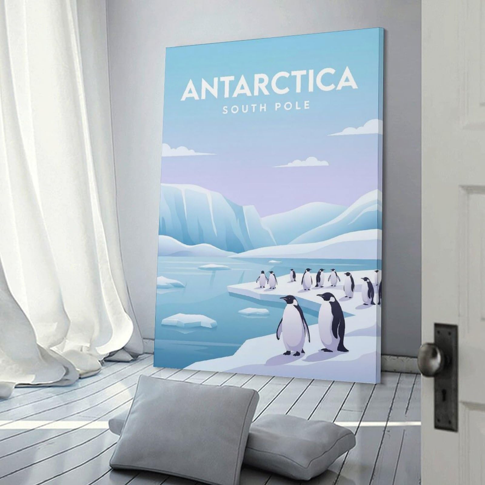 Junmoney Antarctica South Pole Penguins Canvas Wall Art 24x36inch(60x90cm), for Work Areas, Reading Rooms Or Studios, A Smart Decor Choice for Study Walls