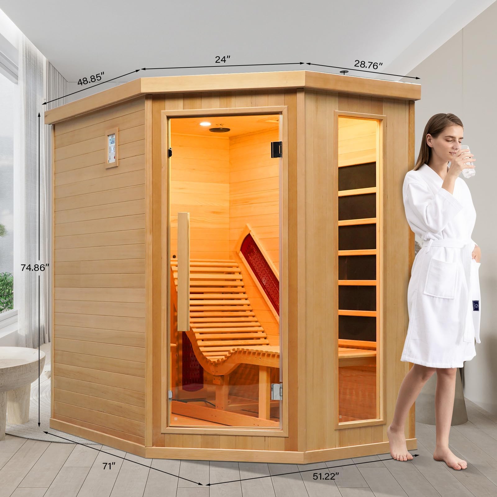 ZONEMEL Infrared Sauna Room with Recliner, 1 or 2 Person Full Spectrum Infrared Sauna Home, 220V, 2300W, 4 Heating Tubes, 4 Carbon Crystal Heating Panel, Bluetooth Speakers, 7 Color Light, Oxygen Bar