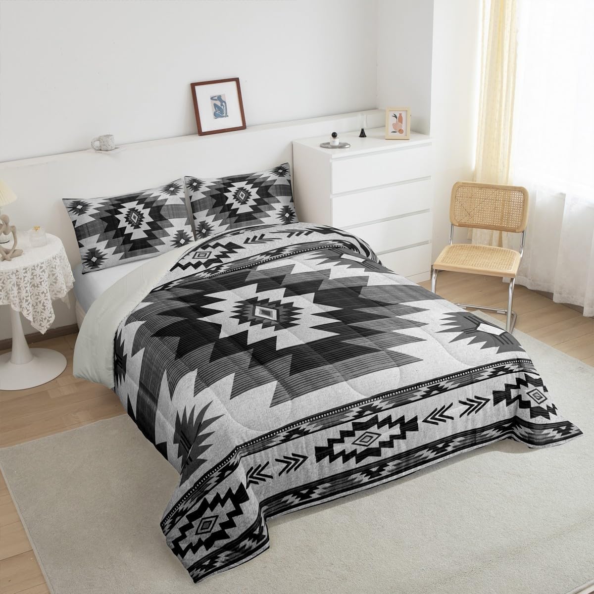 Homewish Gray Tribal Plaid Bedding Set,Southwestern Style Ethnic Grid Comforter Set for Kids Teens Adults,Boho Geometric Stripes Vintage Down Comforter with 2 Pillowcases Queen Size 3 Pcs