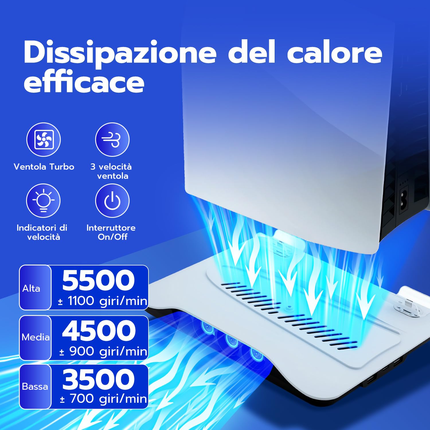 Mcbazel Supporto di Raffreddamento con Dock di Ricarica per Console PS5/PS5 Slim/PS5 Pro, Ventole a Velocità Multipla con Luci LED, Caricatore Doppio per Controller, Base per Edizione Disc/Digitale