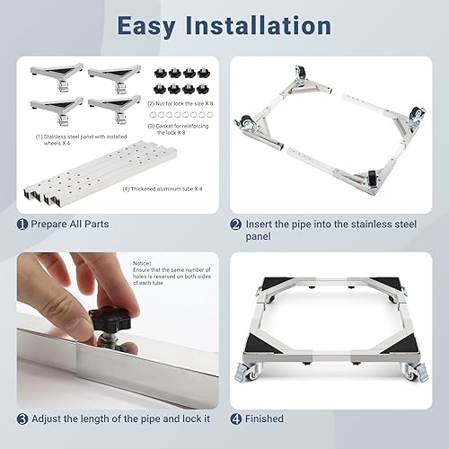 Miniatura 7 de WBD WEIBIDA Carrito de acero inoxidable mejorado para lavadora, carrito de muebles de 700 libras con ruedas con bloqueo, base de soporte móvil