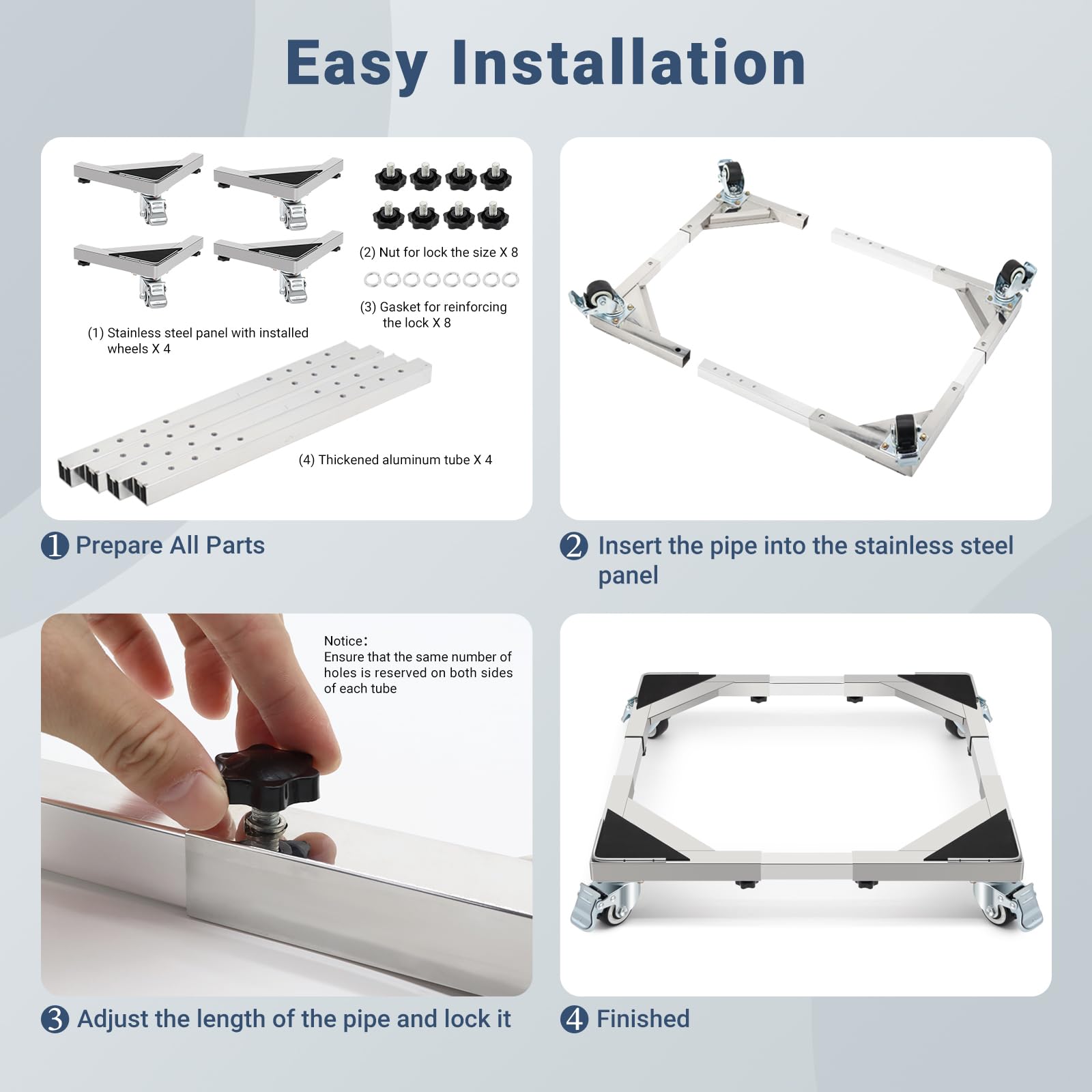 W B D WEIBIDA Acero Inoxidable Resistente Base para Lavadora con 4 Ruedas de Bloqueo, Capacidad 300KG Alta dureza Soporte Lavadora Secadora Ajustable de 54-72cm, Plataforma con Ruedas para Nevera