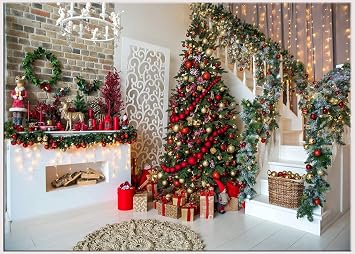 CHAIYA 7x5FT Christmas Photography Backdrops Christmas Fireplace Decoration Background Xmas Tree Gift Holiday Party Decoration Children Family Xmas Party Banner