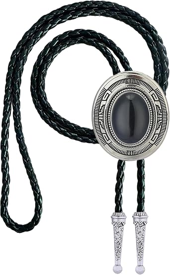Vintage Western Cowboy Rodeo Black Agate Bolo Tie for Men Women