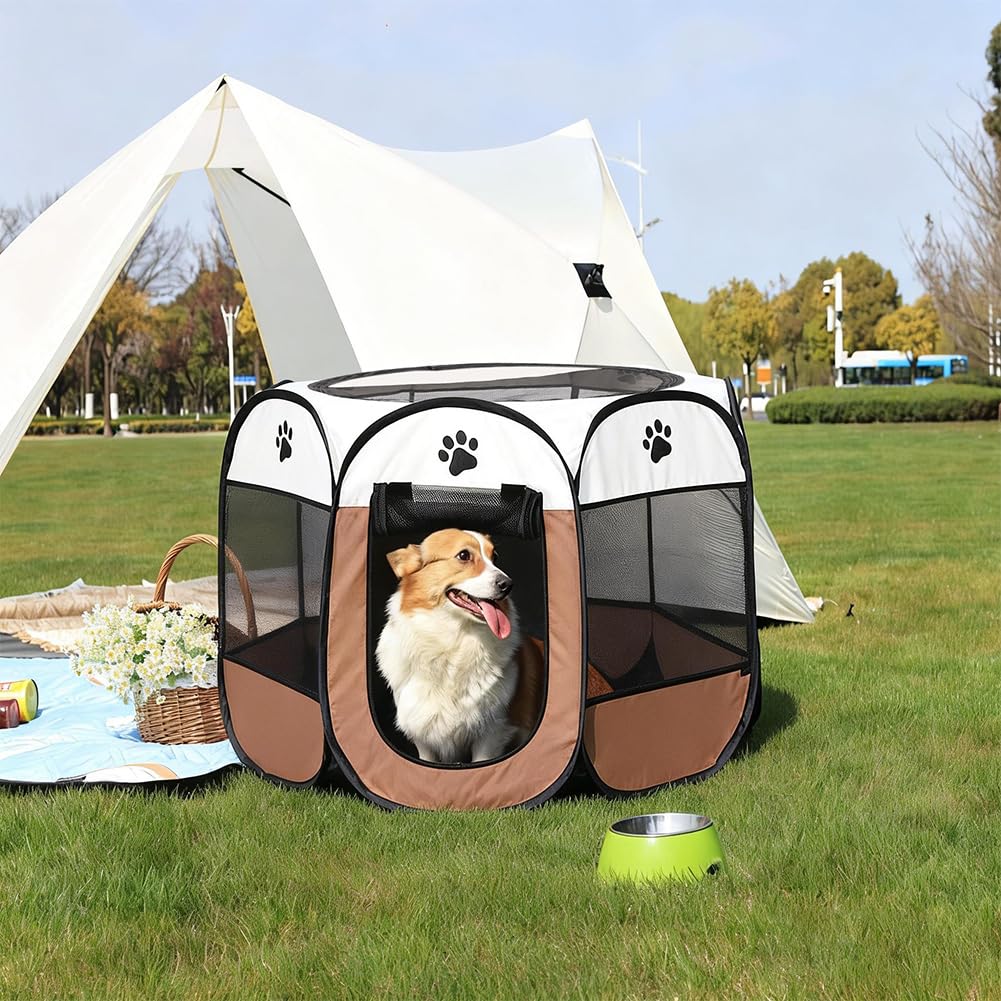 Parc pour chiots et animaux - Pliable - 74 x 74 x 43 cm - Parc portable pour chiens, chats, chiots, à l'intérieur et à l'extérieur - Marron café