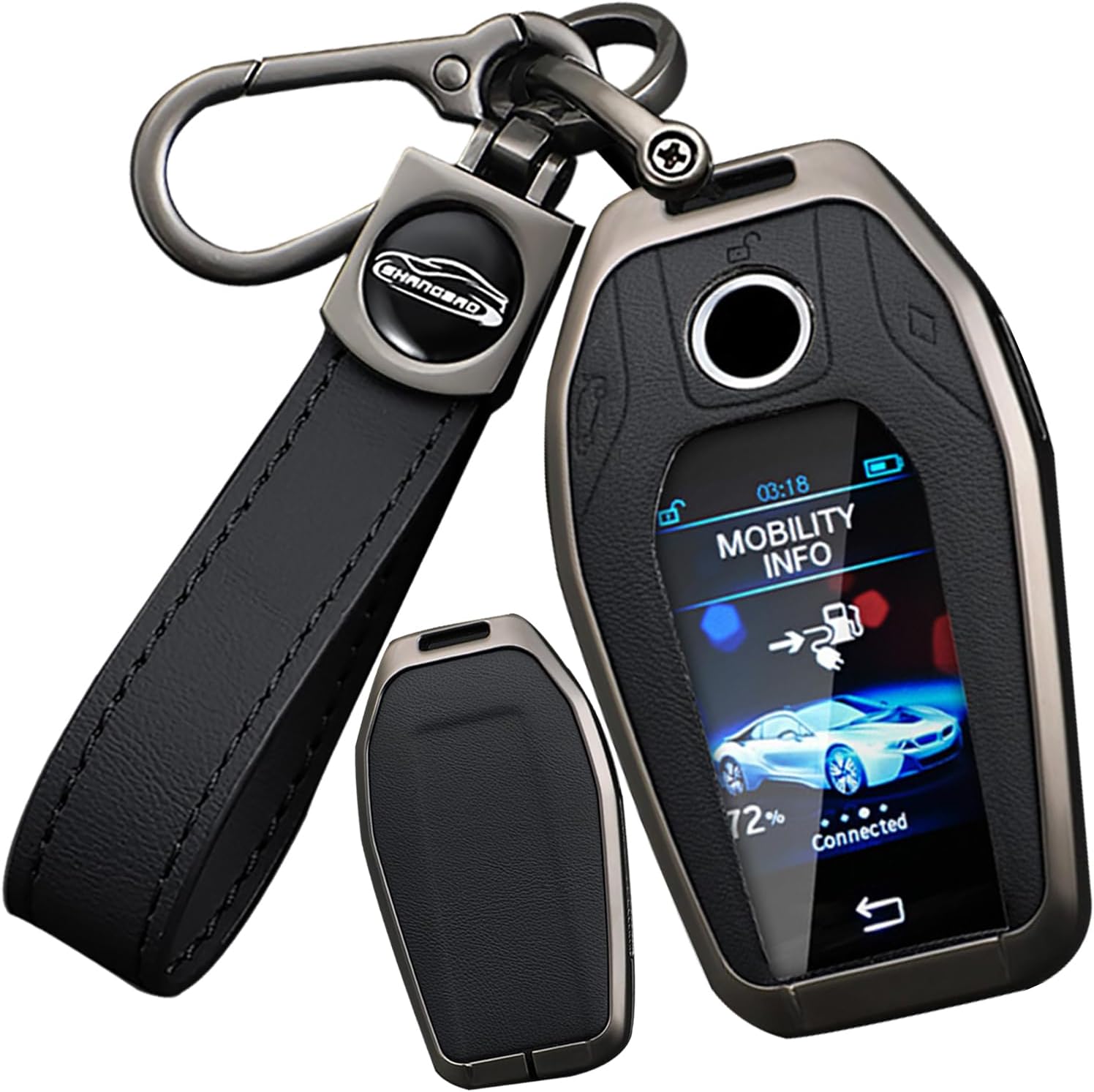SANRILY Keyless Metal Smart Display Key Fob Cover Compatible with BMW X5 2022 528Li 530Li 540Li G30 G31 6 Series GT G11 G12 7 Series 750 X3 G01 i8 with Leather Keychain Black