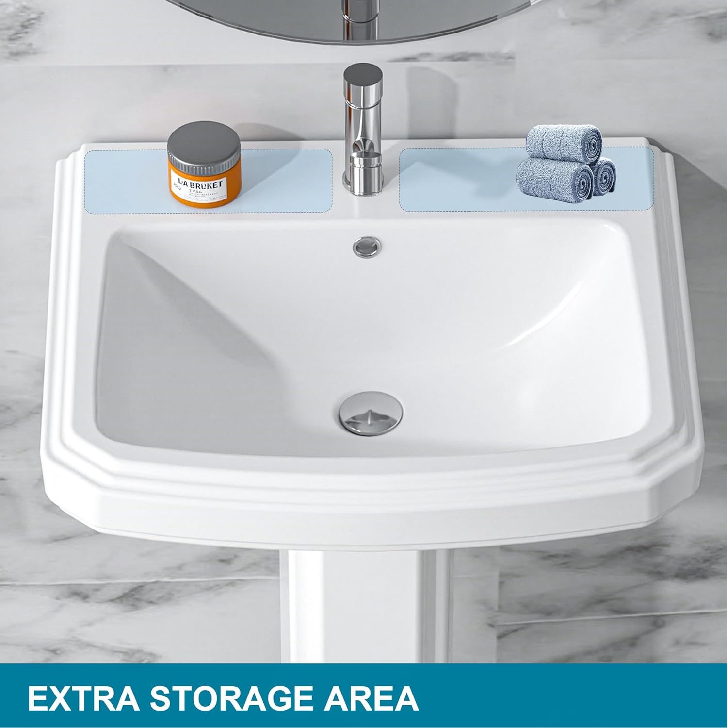 Pedestal Sink White 1 Hole, 23 x 19 Inch Large Bathroom Pedestal Sink Combo, Rectangular, 1 Overflow Hole, 1 Faucet Hole, Pure White Porcelain, for Bathroom, Laundry