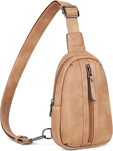 MASINTOR Bolso bandolera pequeño para mujeres y hombres, cangurera cruzada de cuero vegano con múltiples compartimentos para uso diario, Camel
