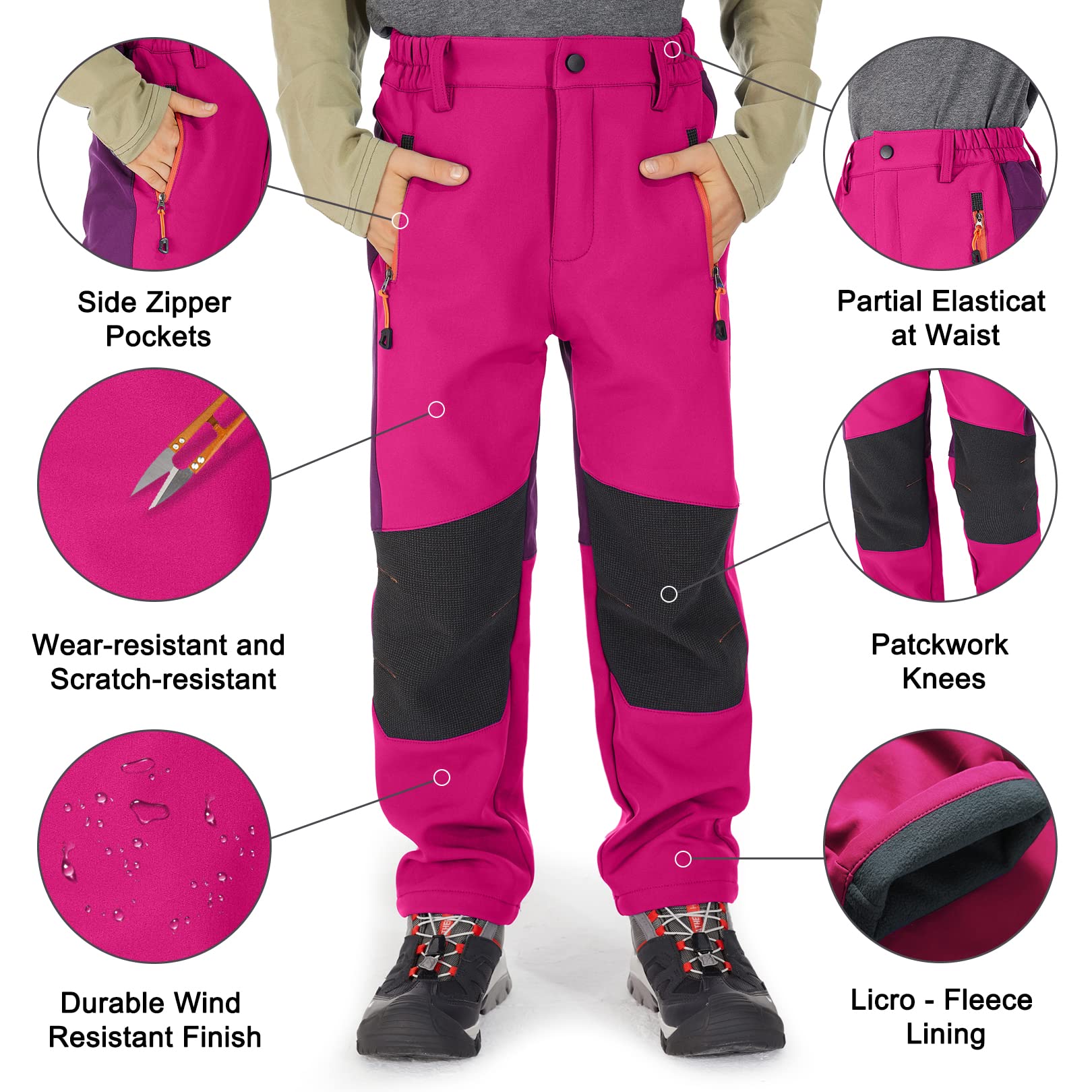 linlon Kids Boy's Snow Ski Waterproof Pants Youth Fleece Lind Hiking Warm Insulated Softshell Pants #16010, Rose Red L(8-9 Years)
