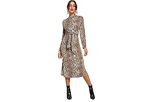 Women's Highlighted Snakeskin Midi Dress with Tie Waist