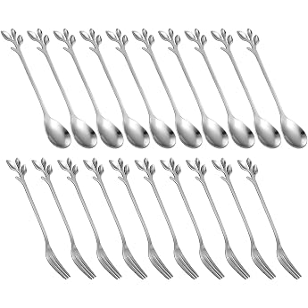 Dessert Spoon Fork Set, 20pcs 4.7" Cake Fork, Coffee Spoon, Creative Silver Leaf Fruit Fork, 10 Spoons+10 Forks