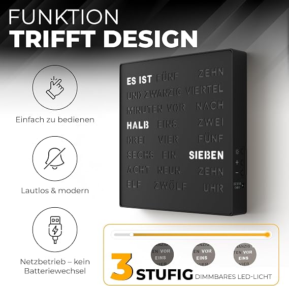 Bada Bing LED Word Clock Black with German Word Display – Elegant Metal Clock with USB Cable Wall Clock Modern – Table Clock High Quality Silent for Standing/Hanging – Decorative Gift Men Birthday