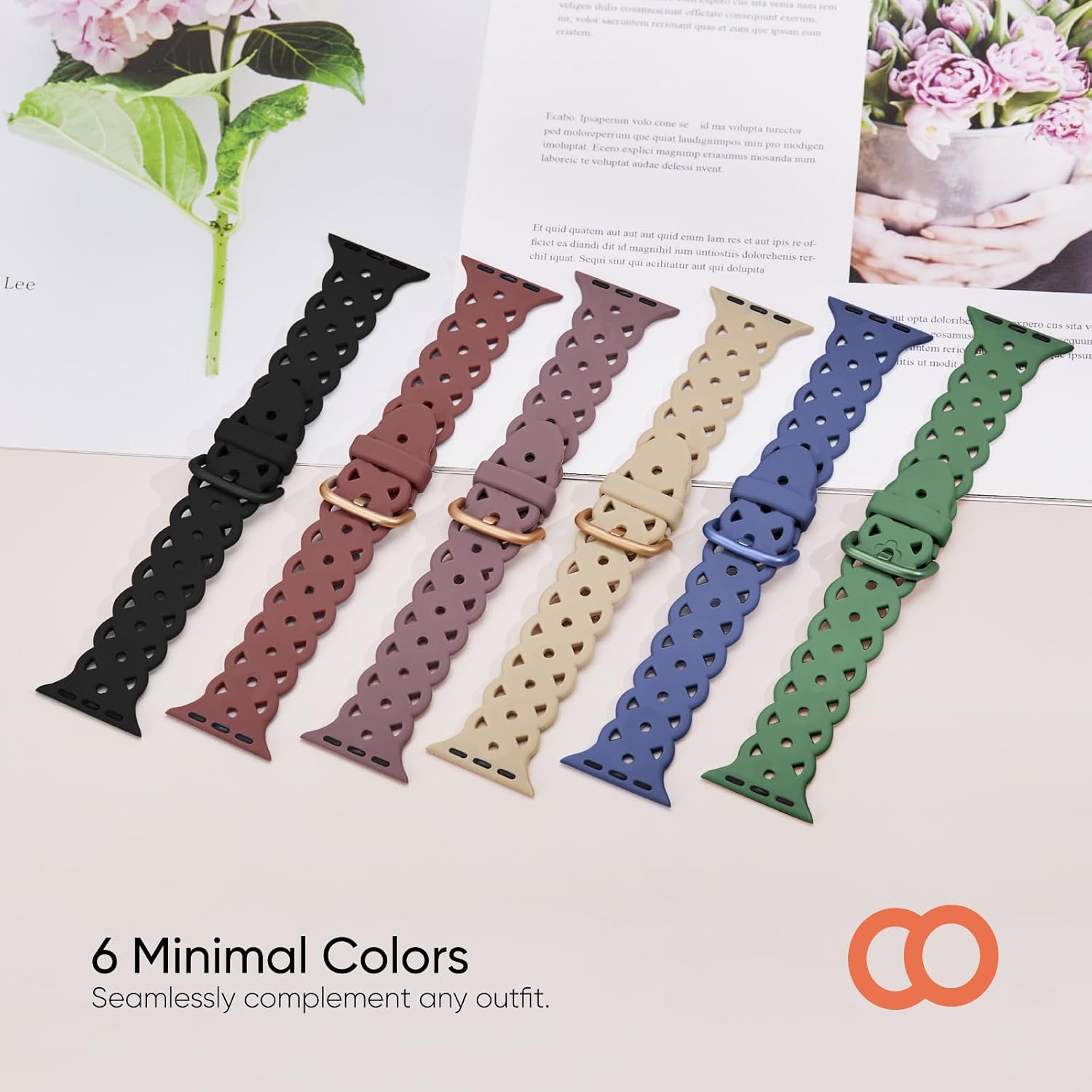 6-Pack Lace Silicone Bands Compatible for Apple Watch Bands 38mm 40mm 41mm 42mm 44mm 45mm 49mm Women, Slim Breathable Sport Band Straps Wristband for iWatch Series 8/7/6/5/4/3/2/1/SE/Ultra