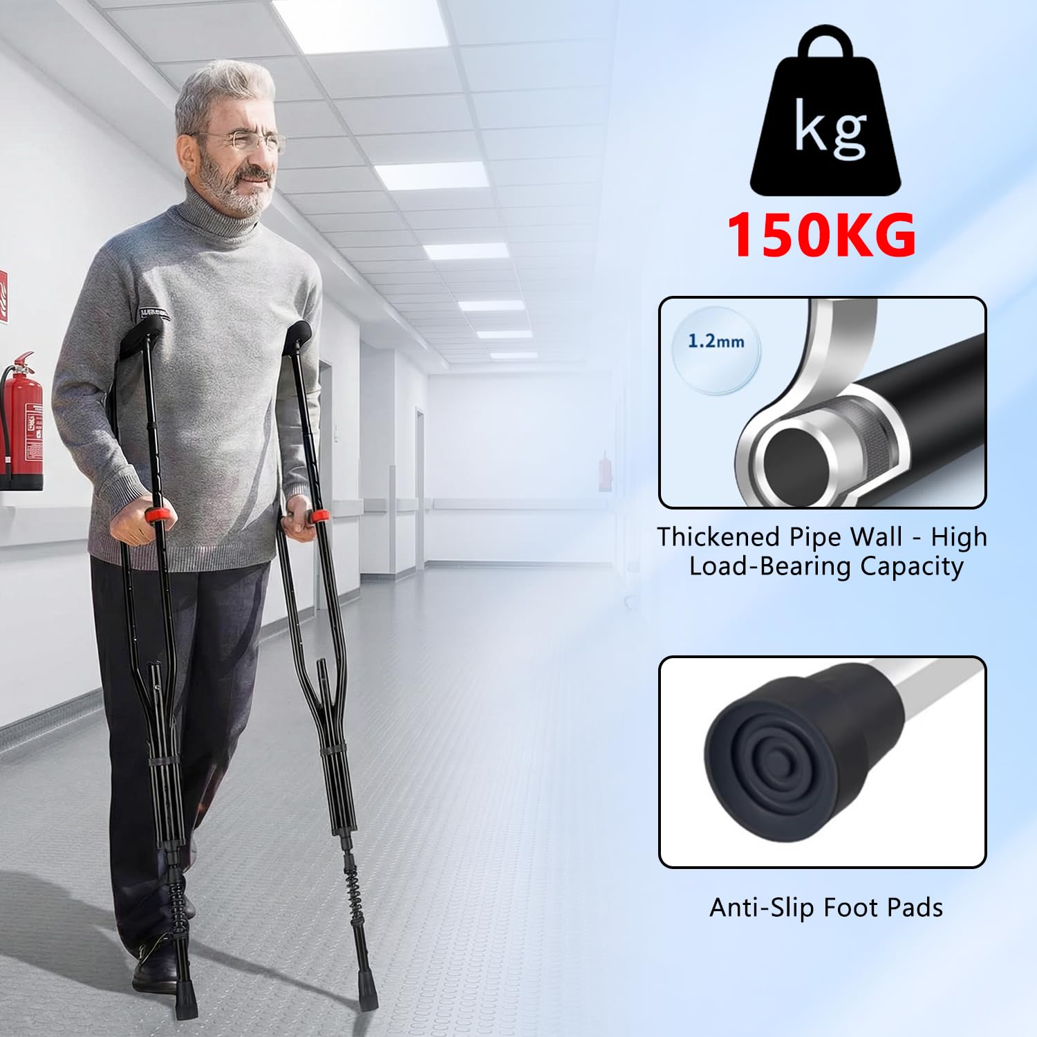 1 Coppia Stampelle Ascellari, Supporti per Avambraccio, Altezza Regolabile, 150KG Portata, Leggere in Alluminio Universali con Imbottiture Morbide per Anziani e Disabili