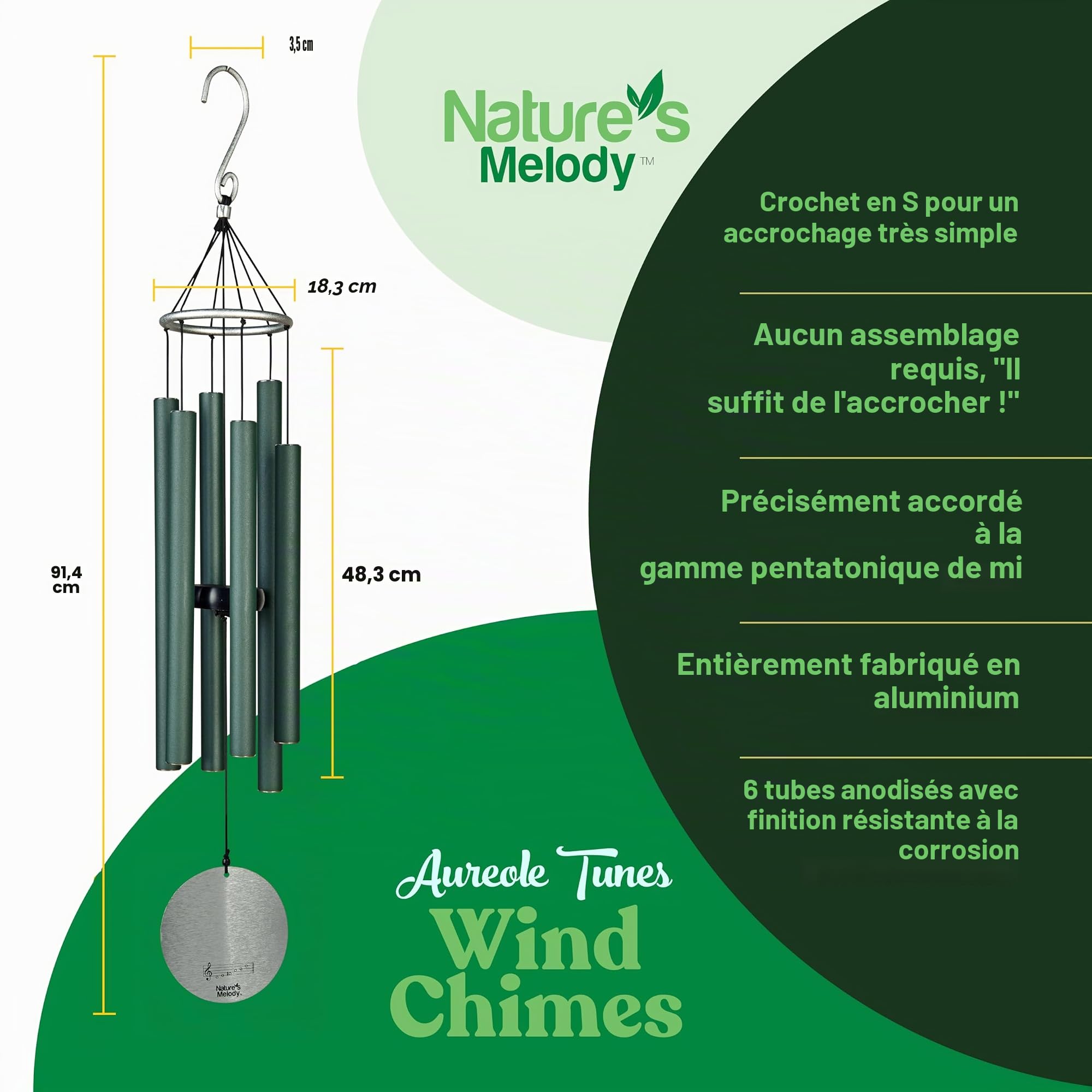 Nature's Melody Aureole Tunes Carillon à Vent d'extérieur, 6 Tubes, Gamme pentatonique de Mi, Aluminium Inoxydable, Finition poudrée, Crochet en S, pour condoléances, Cadeau commémoratif, Jardin Zen