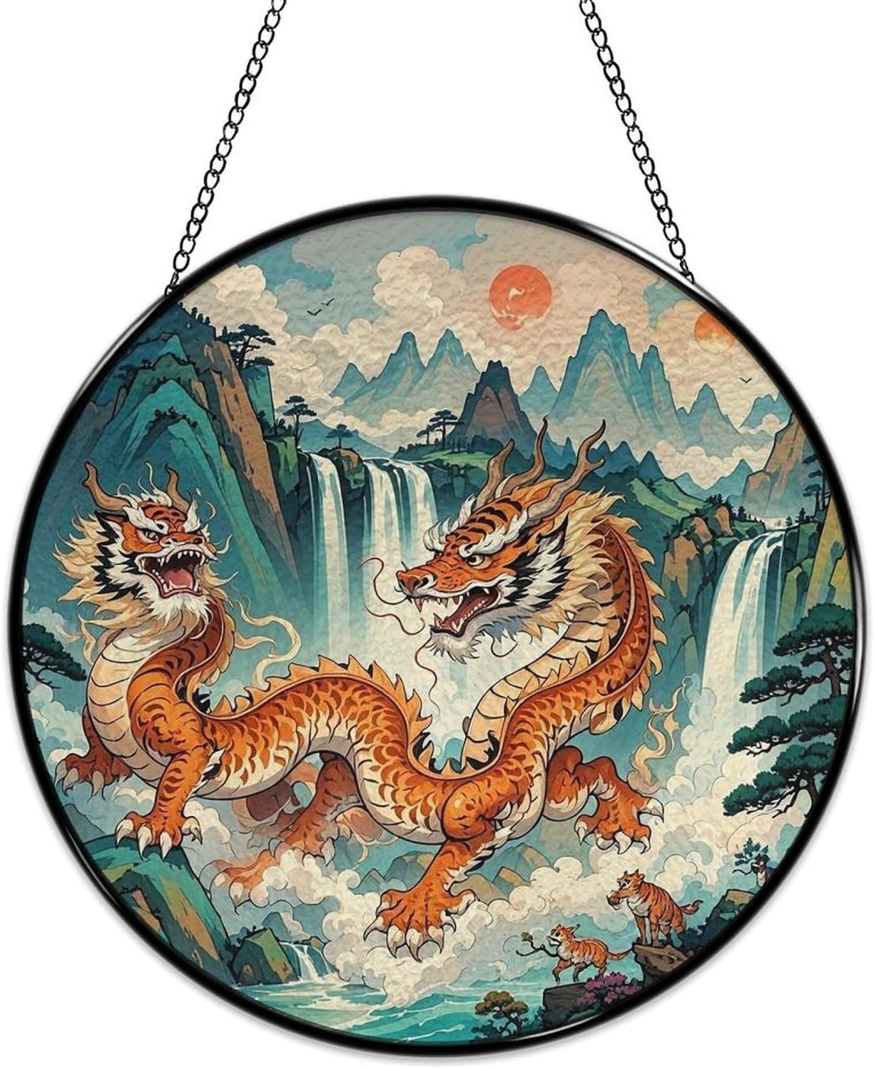 Stained Glass Hanging Sign Suncatcher, Longhu Mountain Waterfall