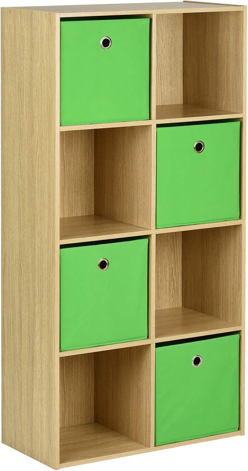 Hartleys Oak 8 Cube Shelving Unit and 4 Easy Grasp Box Drawers Green