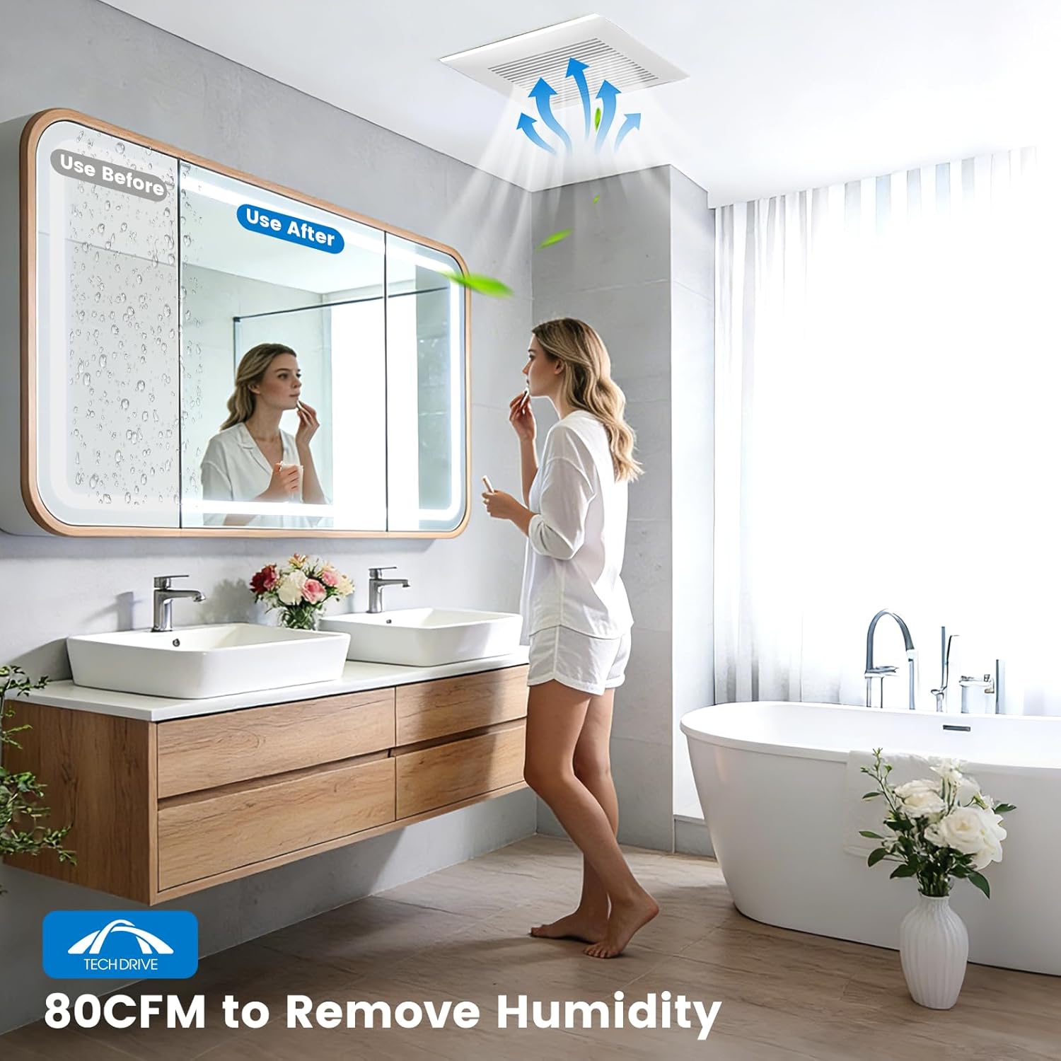 Tech Drive Very Quiet Bathroom Exhaust Fan - 80 CFM, 1.5 Sone, No Attic Access Needed, Energy Star Certified, Easy to Install,4-Inch Duct, Ceiling Mounted for Bathrooms Up to 85 Sq. Ft