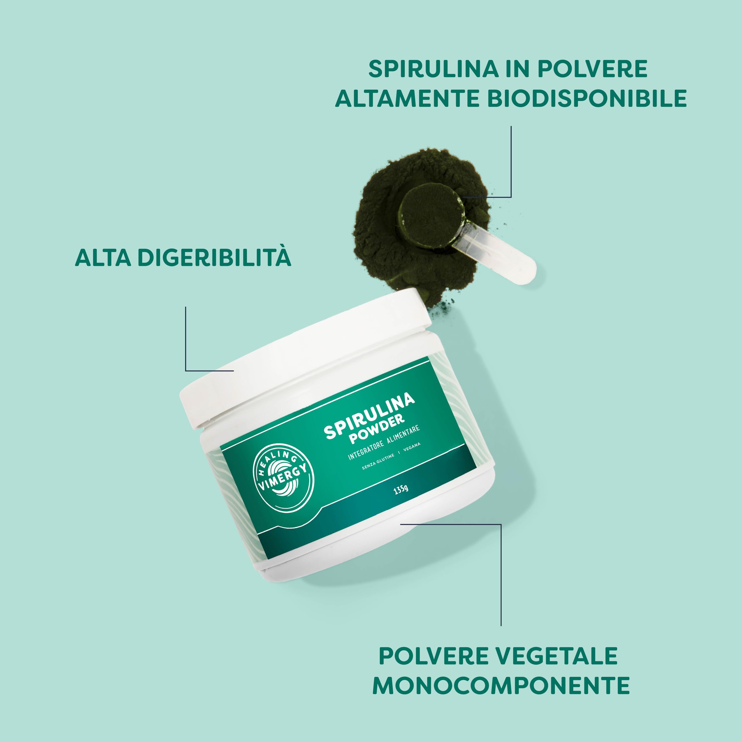 Vimergy Spirulina Powder, 45 Dosi – Spirulina Polvere a Rapido Assorbimento – Integratore Vegano – Senza Antiagglomeranti, Riempitivi, Aromi o Zucchero - Senza OGM e Senza Glutine (135 g)
