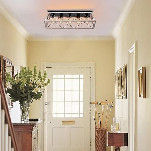 Miniatura 8 de Lámpara de techo grande de 31.5 pulgadas, diseño de jaula de metal en forma de X, regulable con 5 luces cerca del techo, estilo rústico y industrial