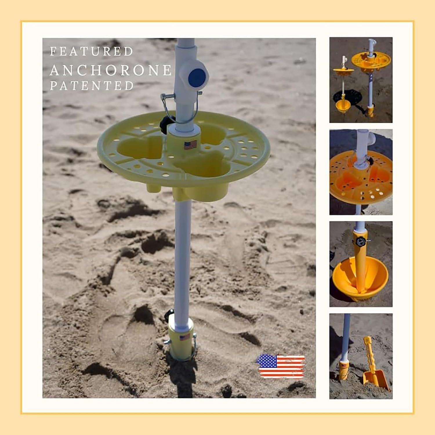 Anchor Works All-In-One Classic Beach Umbrella System - Secure & Wind-Resistant with Heavy-Duty Patented AnchorONE Sand Anchor, 7ft UPF 50+ Umbrella, Convenience Tray, Sand Spade & Carry Bag - ASTM F3681-24 Compliant