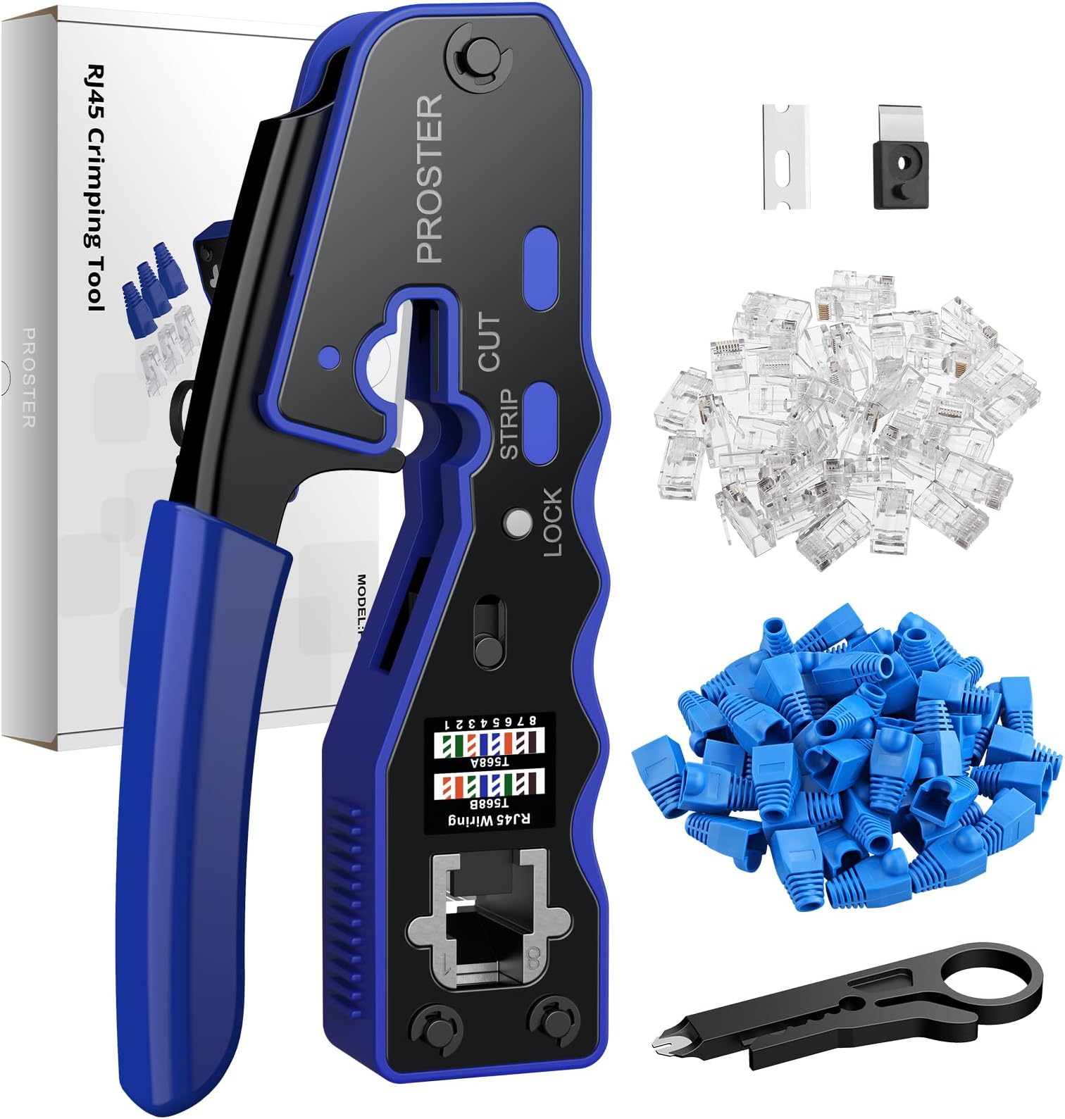 Proster RJ45 Crimp Tool Set - 3-in-1 RJ45 Crimping Tool Kit with 50 PCS CAT6 Pass Through Connectors 50 PCS RJ45 Cat6 Protection Covers RJ45 Pass Through Crimp Tool