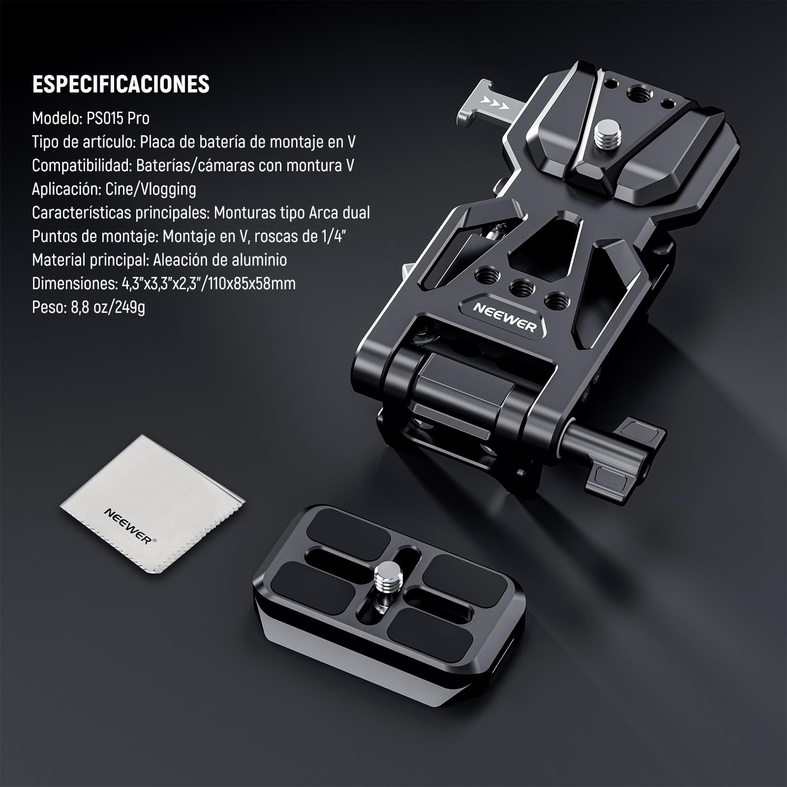 NEEWER PS015 Pro V Mount Battery Plate mit Arca Typ Schnellwechselplatte & Reinigungsuch, Faltbarer V Lock Mounting Adapter PS099E Kompatibel mit dji RS4 RS3 Gimbal Camera Cage Video Rig
