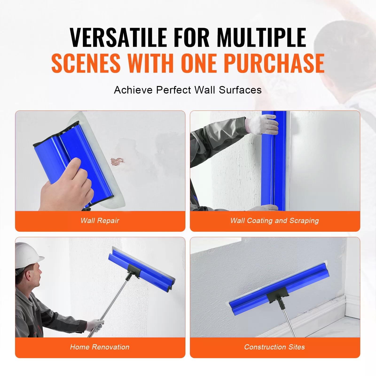 Juego de espátulas profesionales de acero inoxidable - 85-274 cm, mango ajustable, en estuche (15, 35, 55, 75 y 95 cm), cuchilla y rodillo, para enlucir paredes y techos (azul)