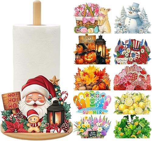 Toallero de papel de bambú con 11 juegos de letreros intercambiables de vacaciones, decoración rústica de cocina  Soporte de encimera de temporada