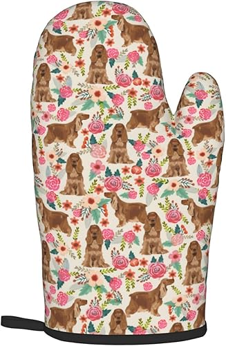 Miniatura 8 de Lindos guantes de horno y soportes para ollas con estampado floral de perros Cocker Spaniel, reutilizables, antideslizantes, resistentes al calor,