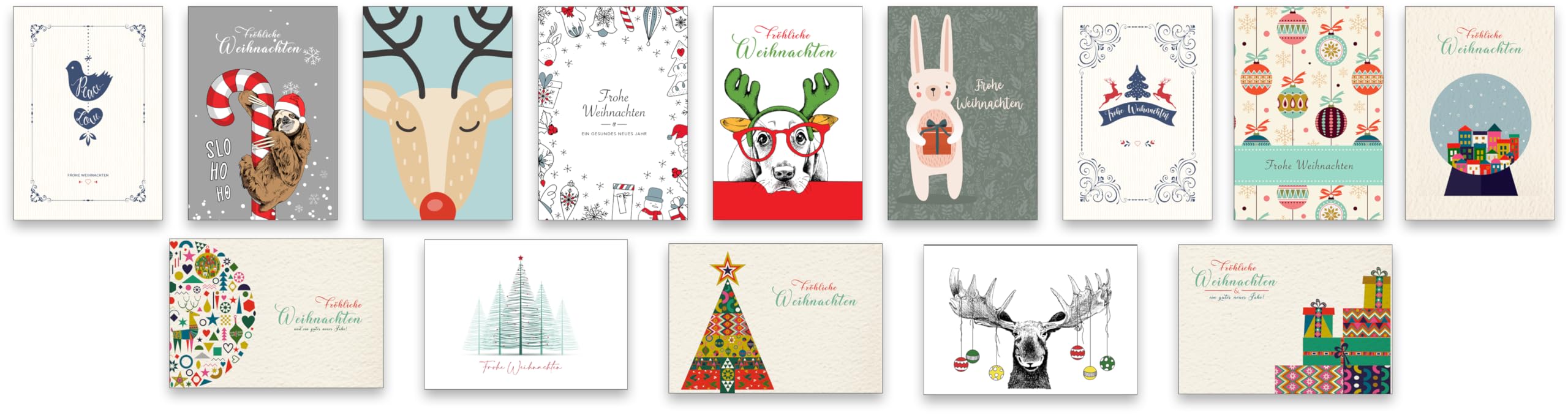 50 Biglietti Di Natale Con Buste Kraft - Cartoline 15x10 Cm - Assortiti Con Disegni Doodles, Scandinavi, Nostalgia - Made In Germany