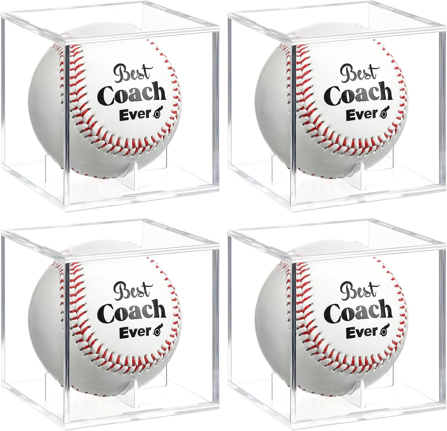 Lunmon 8 Pcs Baseball Gifts for Coach Men Gifts 4 Best Coach Ever Printed Leather Baseball with 4 Acrylic Displaying Box for Team Wedding Gift