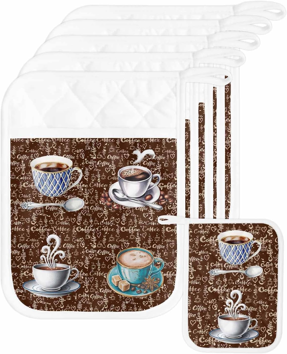 Pot Holders with Pockets, Heat-Resistant Hot Pads for Kitchen, Retro Style Coffee and Candy Heart Doodle Oven Mitts Pot Holders Sets Potholders for Baking Cooking Pack of 5