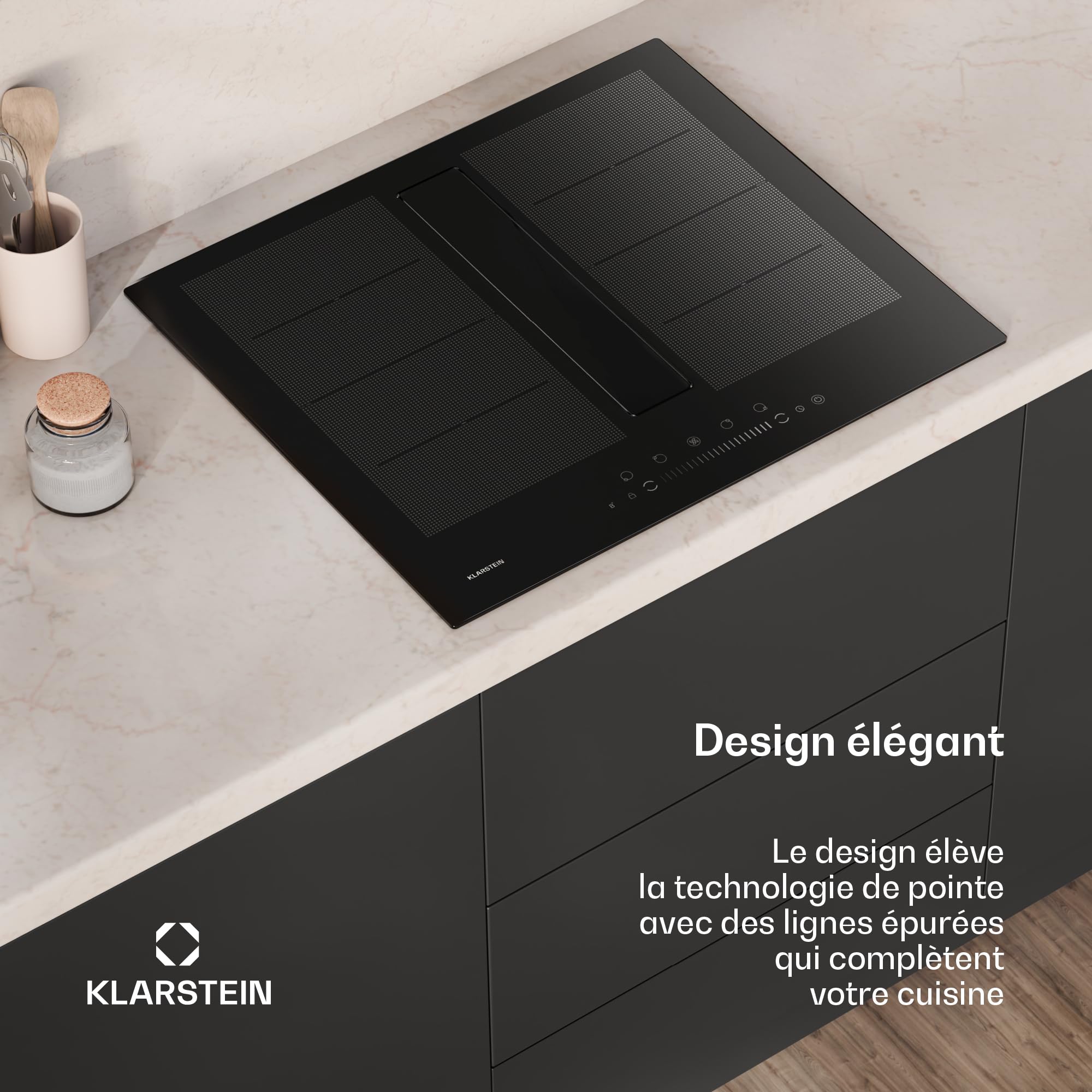 Klarstein Chef-Fusion indukčná varná doska s digestorom - 60 cm, 600 m³/h, 6400 W, flexi zóna, energetická účinnosť A, dotykové ovládanie, úspora miesta, čierna, indukčná varná doska