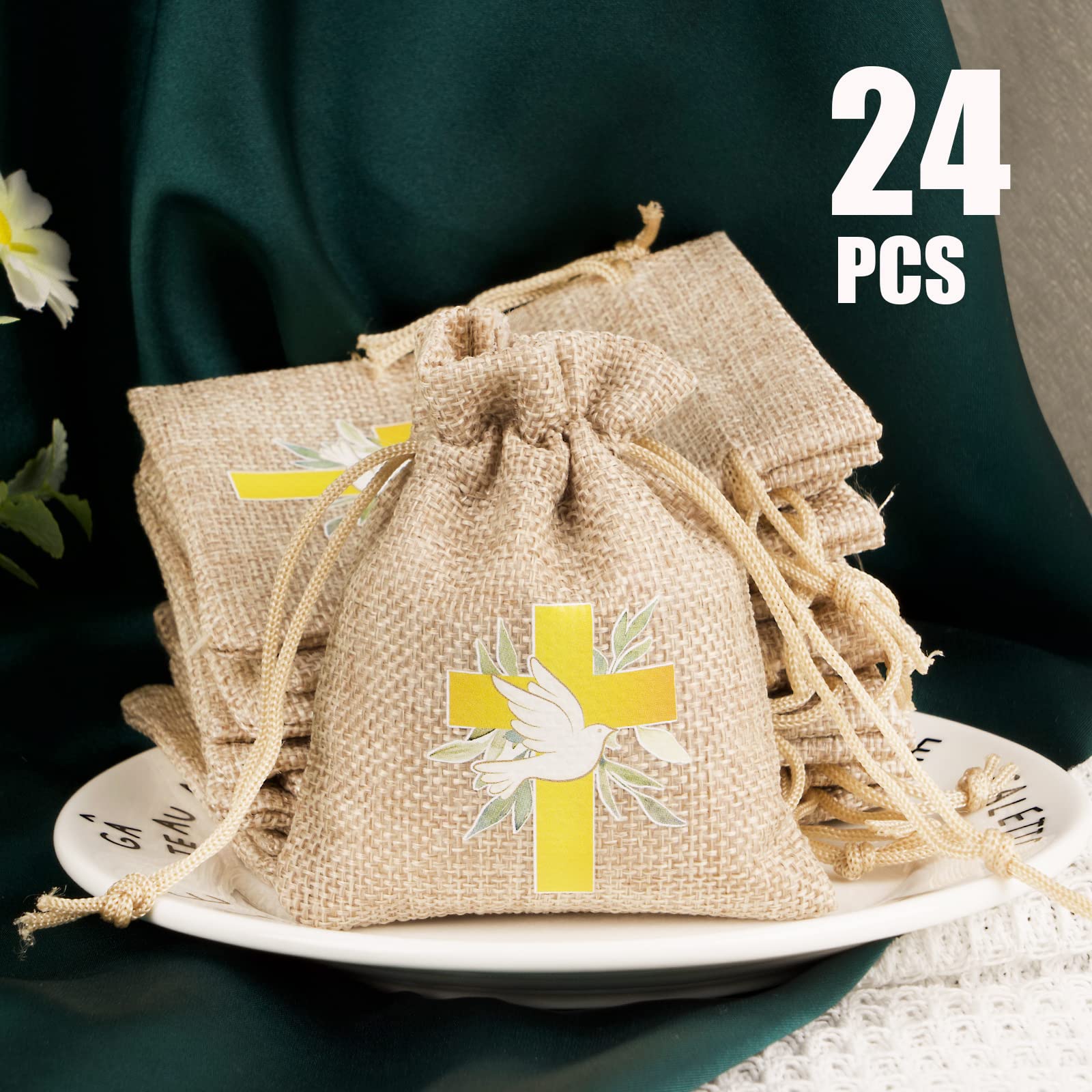 BETESSIN 24pcs Sachet Dragée Jute Pochette Communion Baptême 8x10cm Toile Chanvre Confirmation Sac Poche Bijoux Bonbon Chocolat Cadeau Perle Faveur Décoration Fête Communion