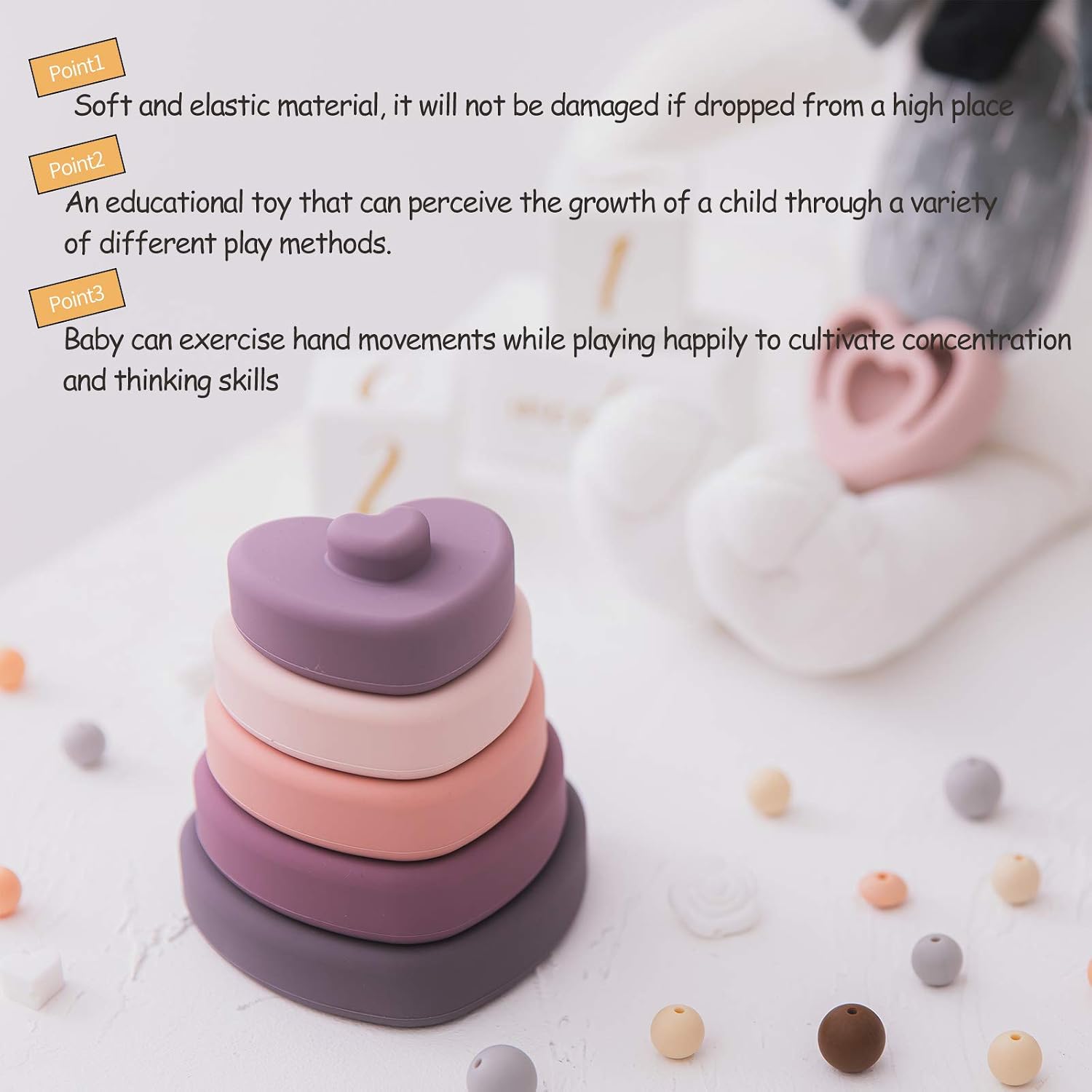 Promise Babe Silicone Stacking Toys Heart Shape Stacking Blocks Soft Baby Toy 6pcs Building Stacker