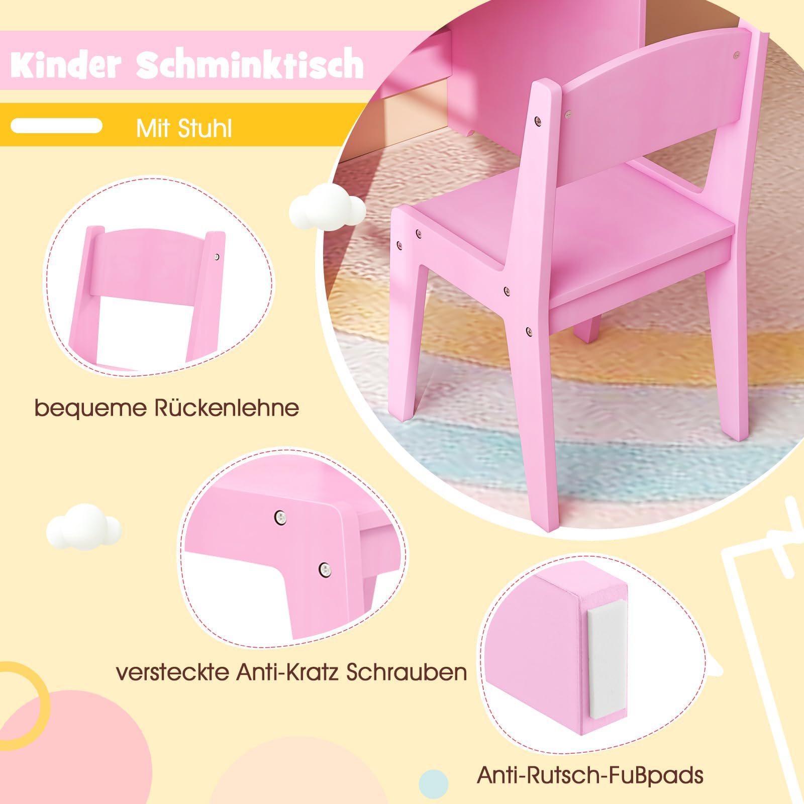 GOPLUS 2 in 1 Schminktisch für Kinder, Schminktisch- & Stuhl mit Regale, Schublade & Schrank, Prinzessin Frisiertisch mit Spiegel & zweifarbigen LED-Lichtern, für Kinder ab 3 Jahren (Rosa)