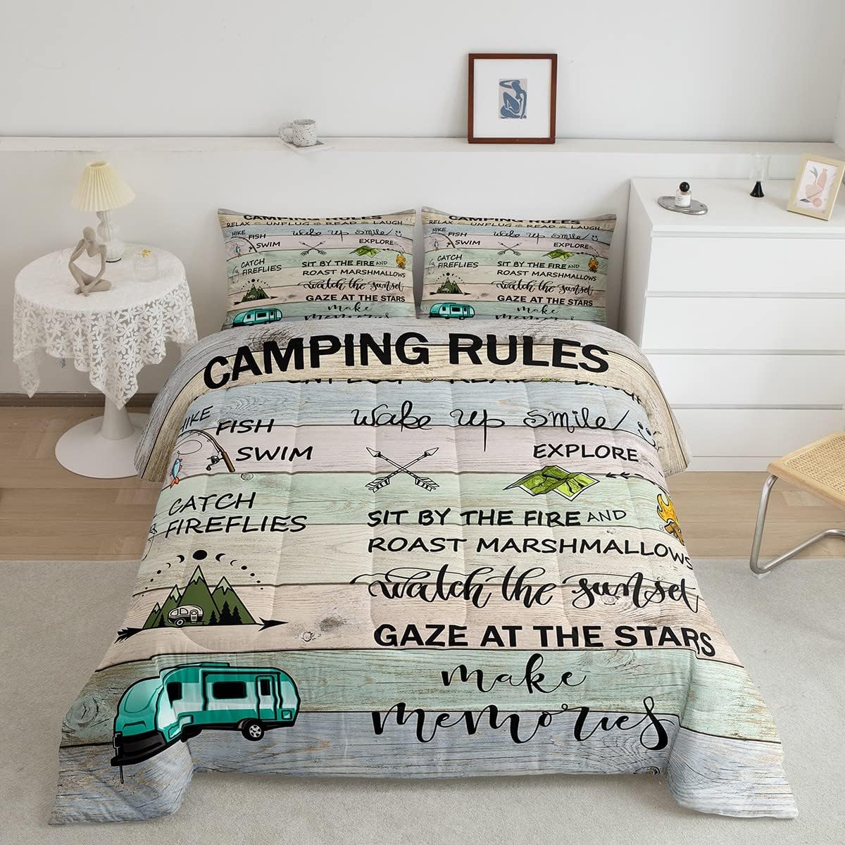 Camping Rules Quilt Camping Bedding Set Camper Decor,Lodge