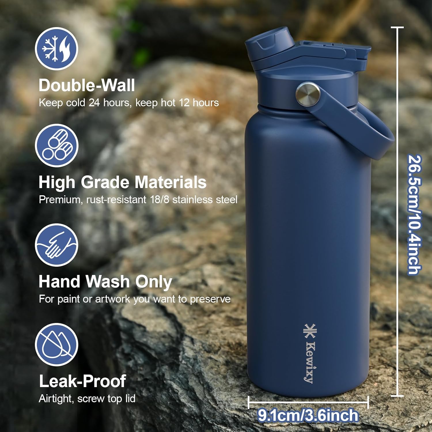 32 oz Insulated Water Bottle, 2-in-1 Lid, Straw & Spout with Protected, Leak Proof, Keep Cold, Stainless Steel, Metal, Reusable, Handle, for Outdoor, Gym and School, 2 Lids, Denim Blue - Image 7