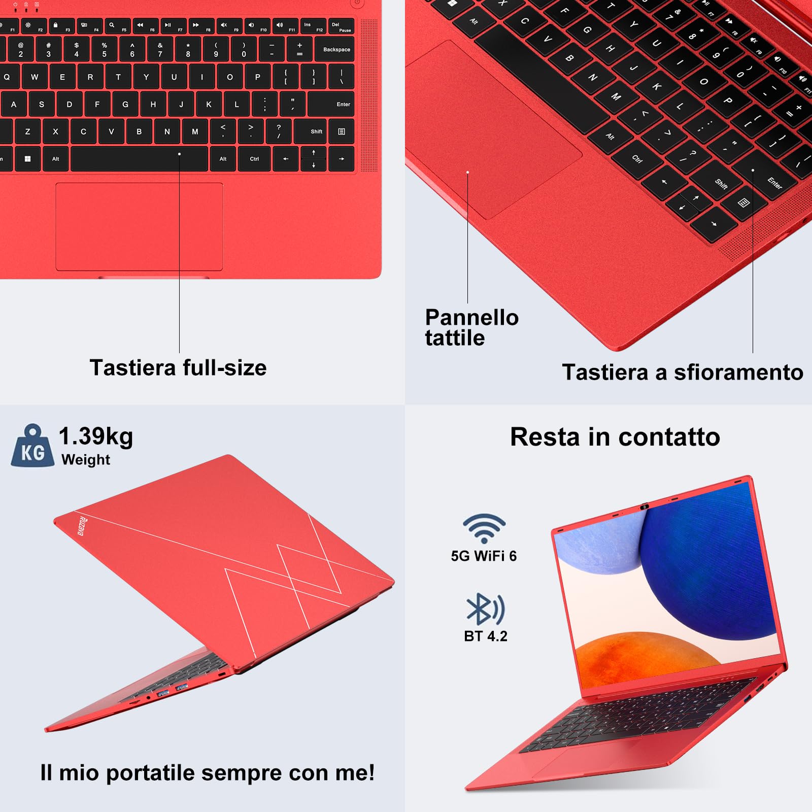 Pc Portatile 14 Pollici Win11 Notebook Celeron N5095 Upto 2,9 GHz Notebook 8GB RAM 256GB SSD TF 1TB LPDDR4 5G WiFi 1920*1080 FHD USB 3.0 Laptop QWERTY Tastiera Film Italiana - Rosso Corpo in Metallo-9